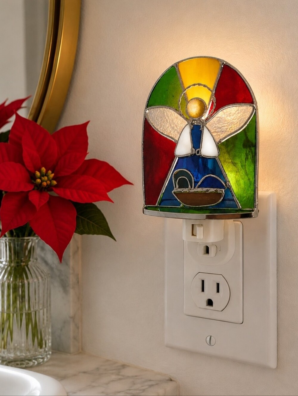 Stained Glass Christmas Angel Bathroom Kitchen Kid's Room Night Light NEW NIB